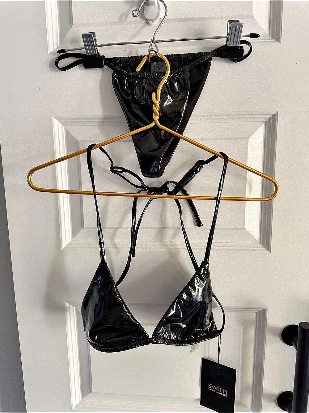 Naked Wardrobe Swim Shiny Black patent Bikini Set Size Small NWT